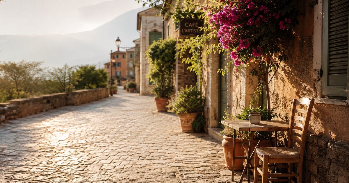 Calm village street representing the slow travel movement